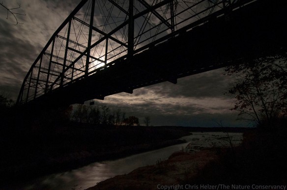 Norden bridge at the TNC Niobrara Valley Preserve. Moonlight, clouds, and stars.